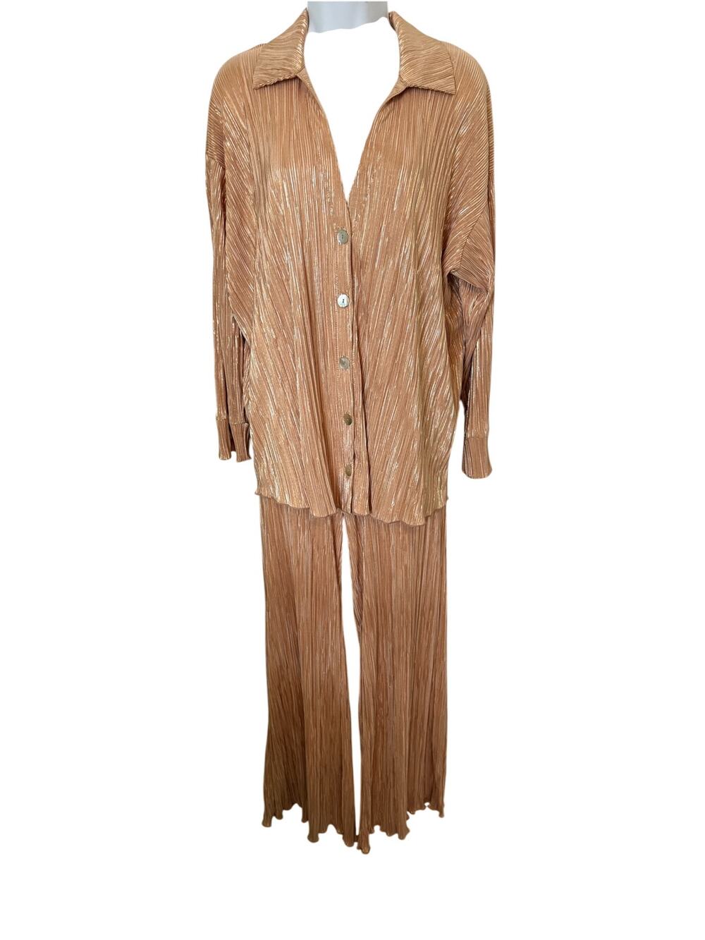 Show Me Your Mumu Gold Metallic Plisse 2-Piece Pant Set USA S